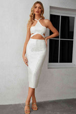 Rhinestone Cutout Halter Neck Slit Dress - Ladyez