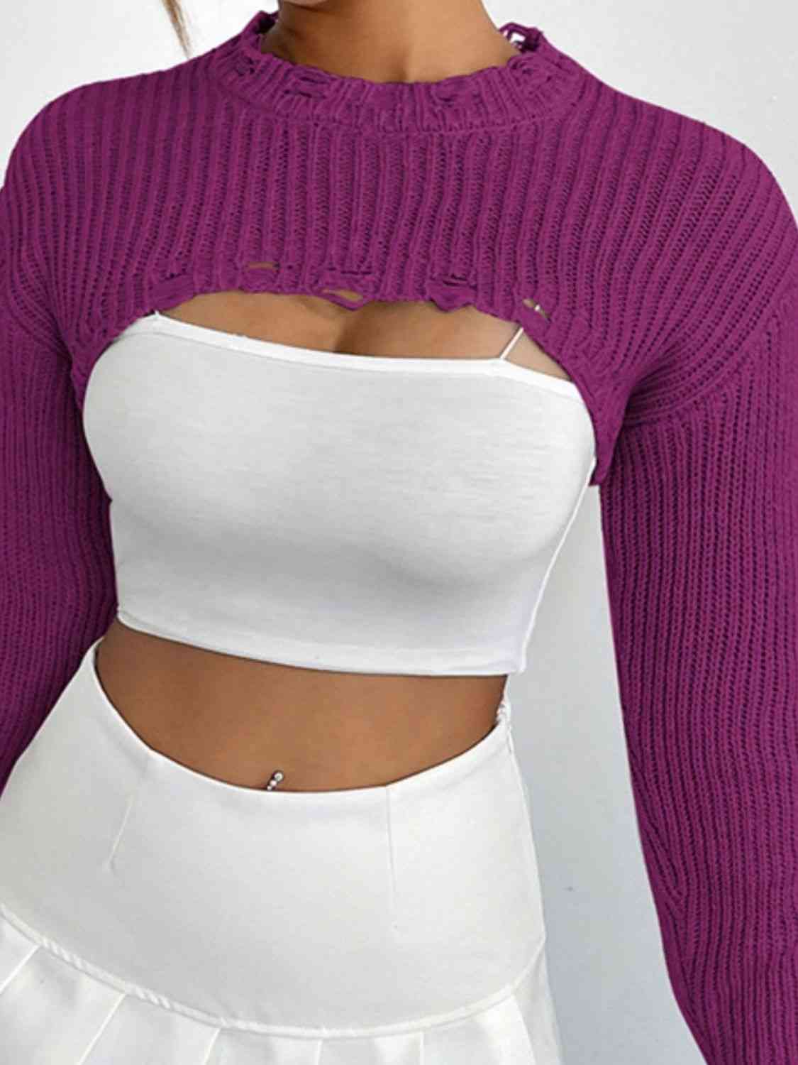 Distressed Long Sleeve Cropped Sweater - Ladyez