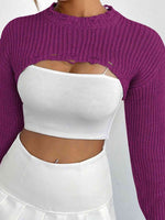 Distressed Long Sleeve Cropped Sweater - Ladyez