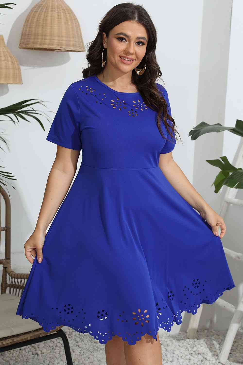 Plus Size Round Neck Openwork Dress - Ladyez