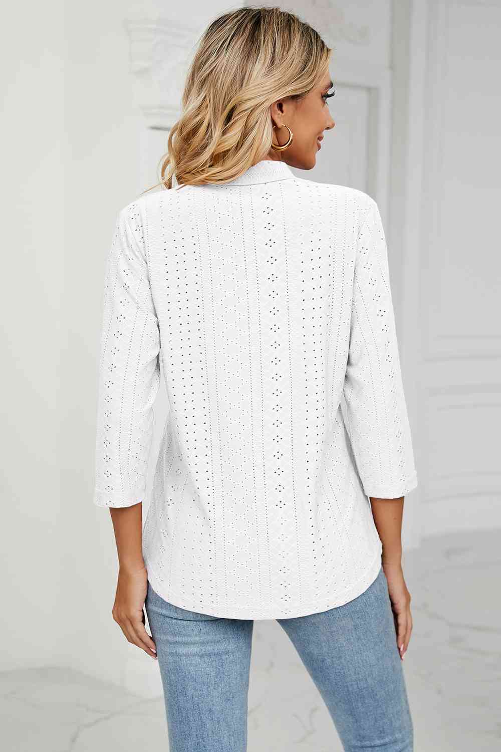Eyelet Three-Quarter Sleeve Blouse - Ladyez