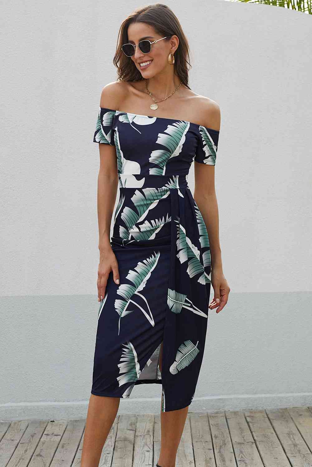 Printed Off-Shoulder Split Dress - Ladyez