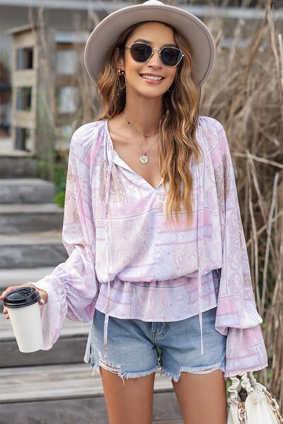 Printed Tie Neck Flounce Sleeve Blouse - Ladyez
