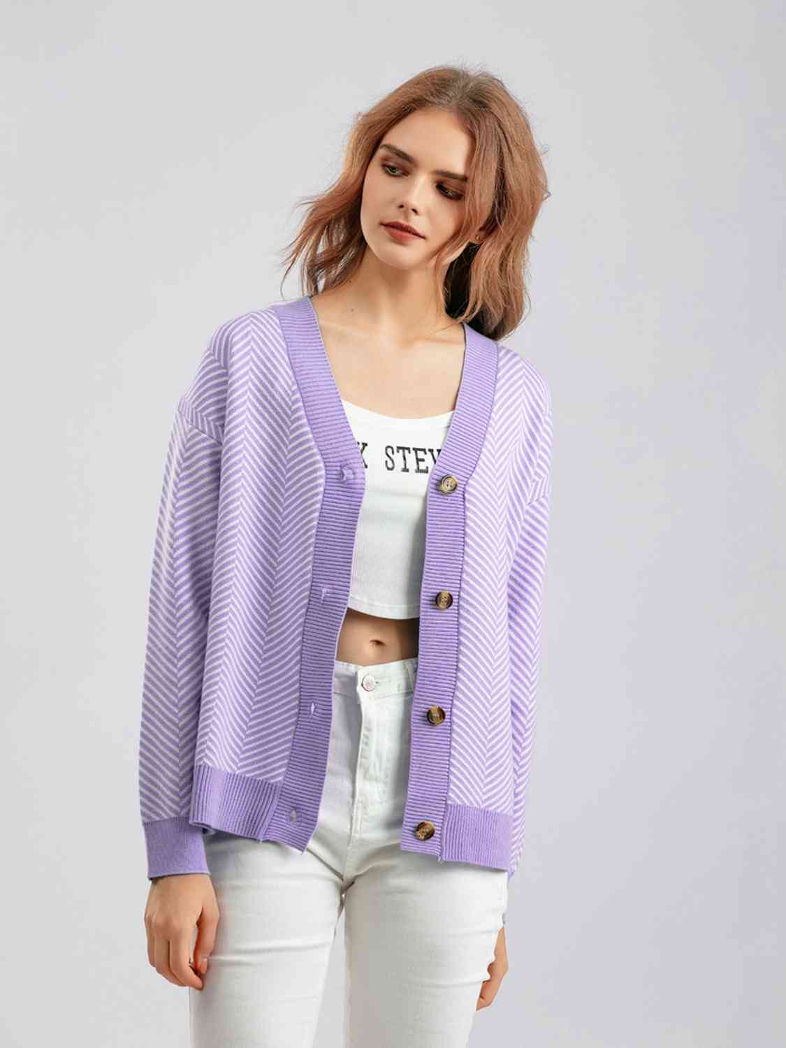 Button Down V-Neck Cardigan - Ladyez