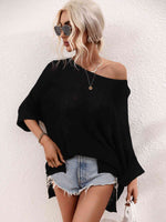 Boat Neck Cuffed Sleeve Slit Tunic Knit Top - Ladyez