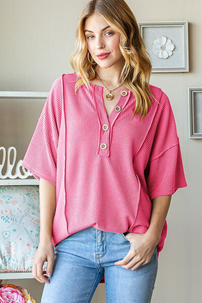 Heimish Full Size Ribbed Half Button Drop Shoulder Top - Ladyez