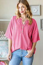 Heimish Full Size Ribbed Half Button Drop Shoulder Top - Ladyez