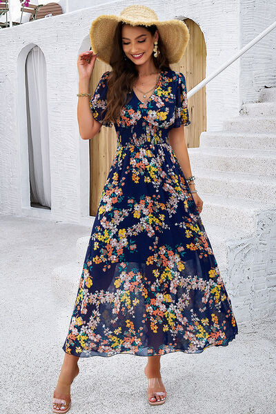 Smocked Floral V-Neck Short Sleeve Dress - Ladyez