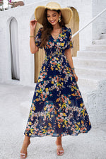 Smocked Floral V-Neck Short Sleeve Dress - Ladyez