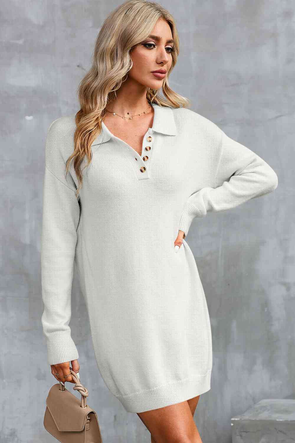 Buttoned Long Sleeve Sweater Dress - Ladyez