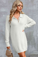 Buttoned Long Sleeve Sweater Dress - Ladyez