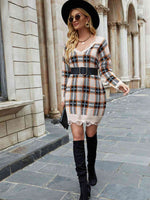 Plaid Distressed V-Neck Sweater Dress - Ladyez