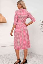 Plaid Collared Neck Midi Dress - Ladyez