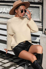 Mock Neck Dropped Shoulder Pullover Sweater - Ladyez