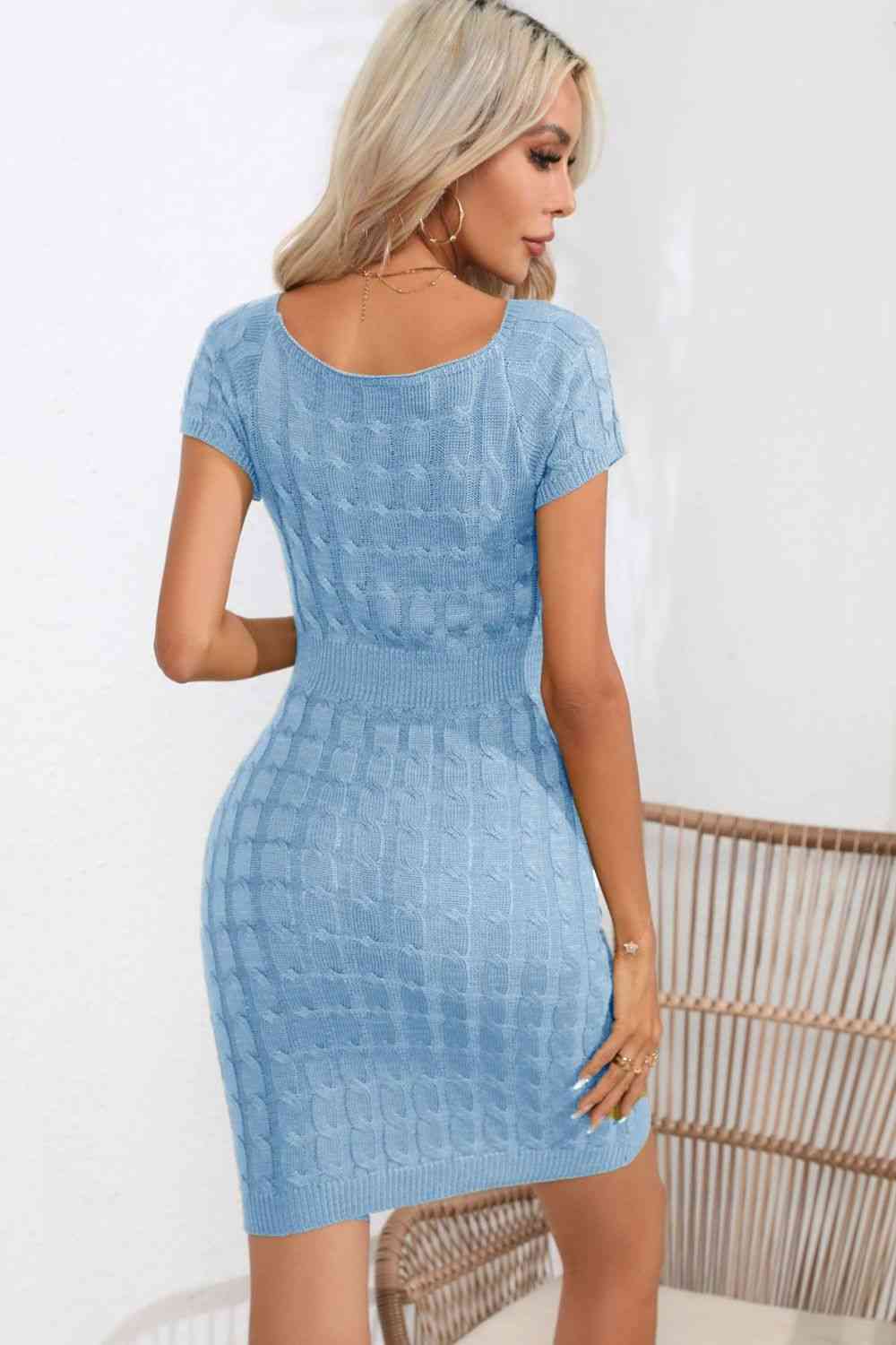Decorative Button Round Neck Short Sleeve Sweater Dress - Ladyez