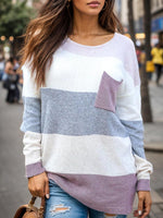 Striped Round Neck Sweater with Pocket - Ladyez