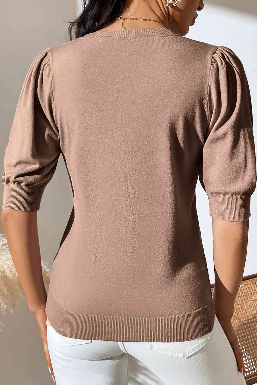 Round Neck Puff Sleeve Knit Top - Ladyez