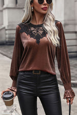 Lace Detail Round Neck Smocked Flounce Sleeve Blouse - Ladyez