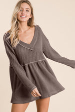 BiBi Waffle Knit V-Neck Babydoll Blouse - Ladyez