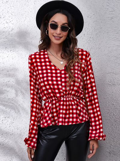 Plaid V-Neck Balloon Sleeve Peplum Blouse - Ladyez