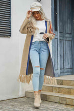 Double Take Geometric Fringe Hem Open Front Duster Cardigan - Ladyez