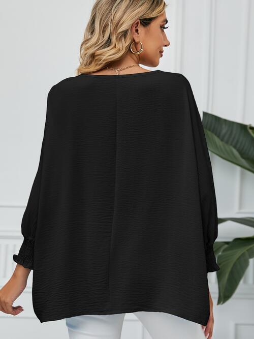 Smocked Lantern Sleeve Round Neck Blouse - Ladyez