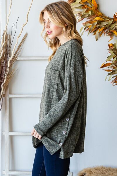 Reborn J Button Side Round Neck Long Sleeve T-Shirt - Ladyez