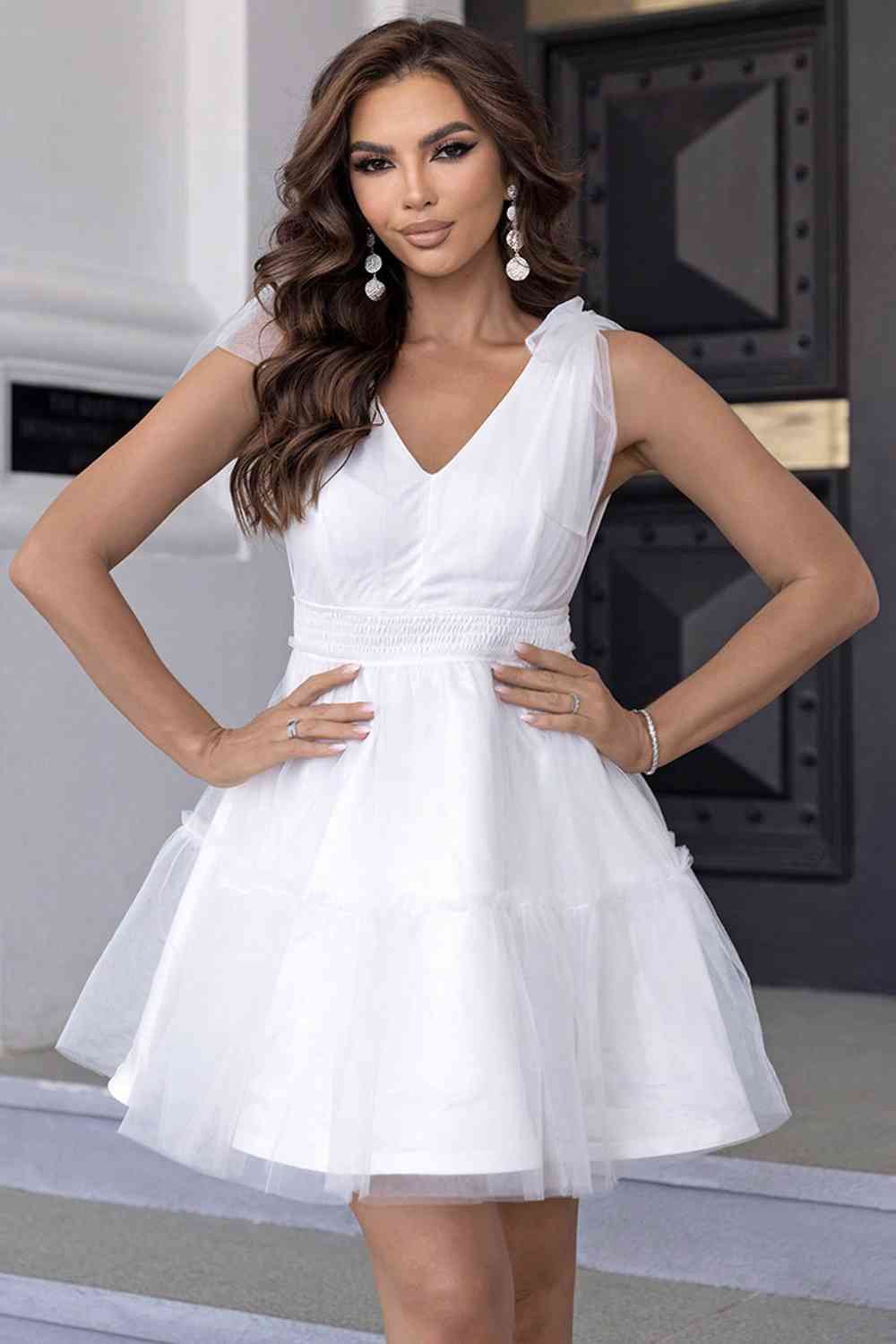 V-Neck Shoulder Detail Mesh Dress - Ladyez