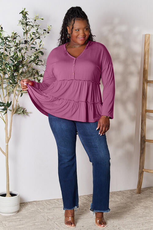 Double Take Half Button Long Sleeve Ruffle Hem Blouse - Ladyez