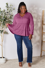 Double Take Half Button Long Sleeve Ruffle Hem Blouse - Ladyez