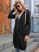 Zip-Up Longline Hoodie with Pockets - Ladyez