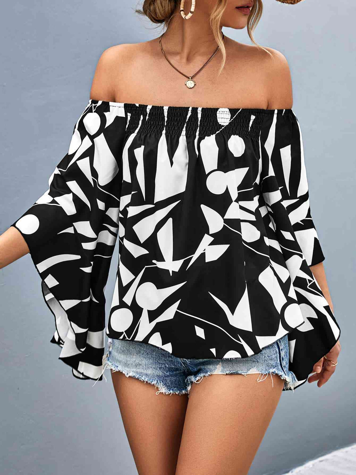Printed Off-Shoulder Bell Sleeve Blouse - Ladyez