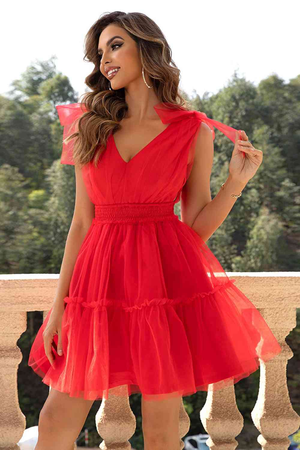 V-Neck Shoulder Detail Mesh Dress - Ladyez
