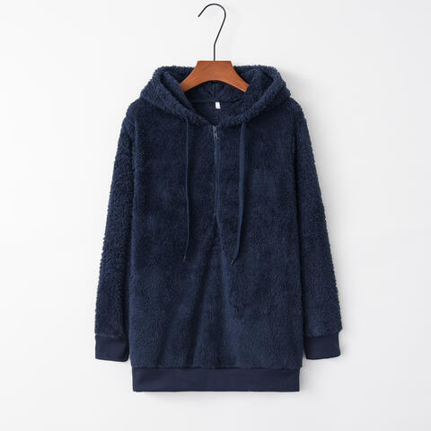 Quarter-Zip Drawstring Teddy Hoodie - Ladyez