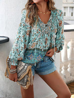 Bohemian Tie Neck Lantern Sleeve Blouse - Ladyez