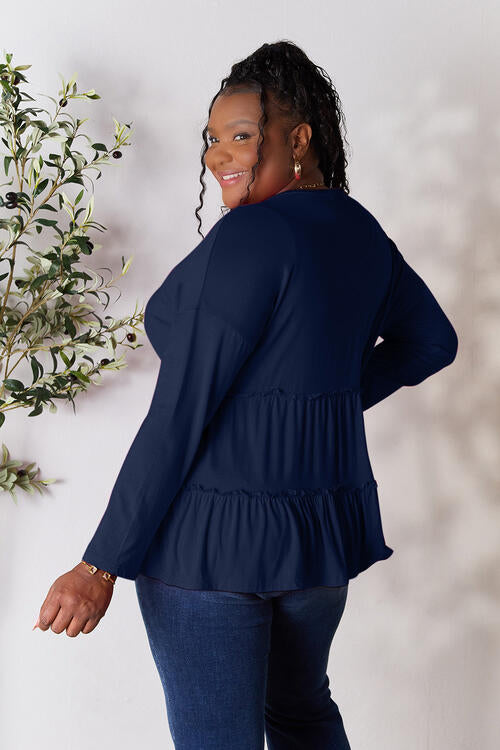 Double Take Half Button Long Sleeve Ruffle Hem Blouse - Ladyez