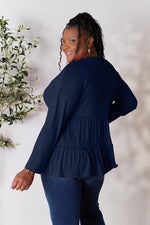 Double Take Half Button Long Sleeve Ruffle Hem Blouse - Ladyez