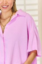 Zenana Texture Button Up Short Sleeve High-Low Shirt - Ladyez
