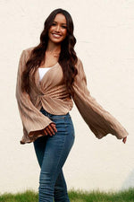 Twisted Smocked Flare Sleeve Cropped Top - Ladyez