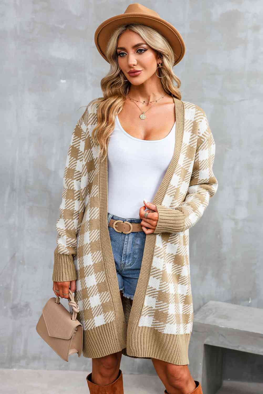 Plaid Open Front Long Sleeve Cardigan - Ladyez