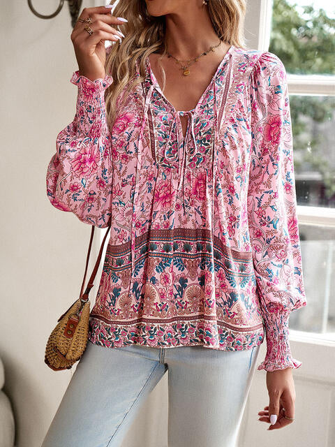 Bohemian Tie Neck Lantern Sleeve Blouse - Ladyez