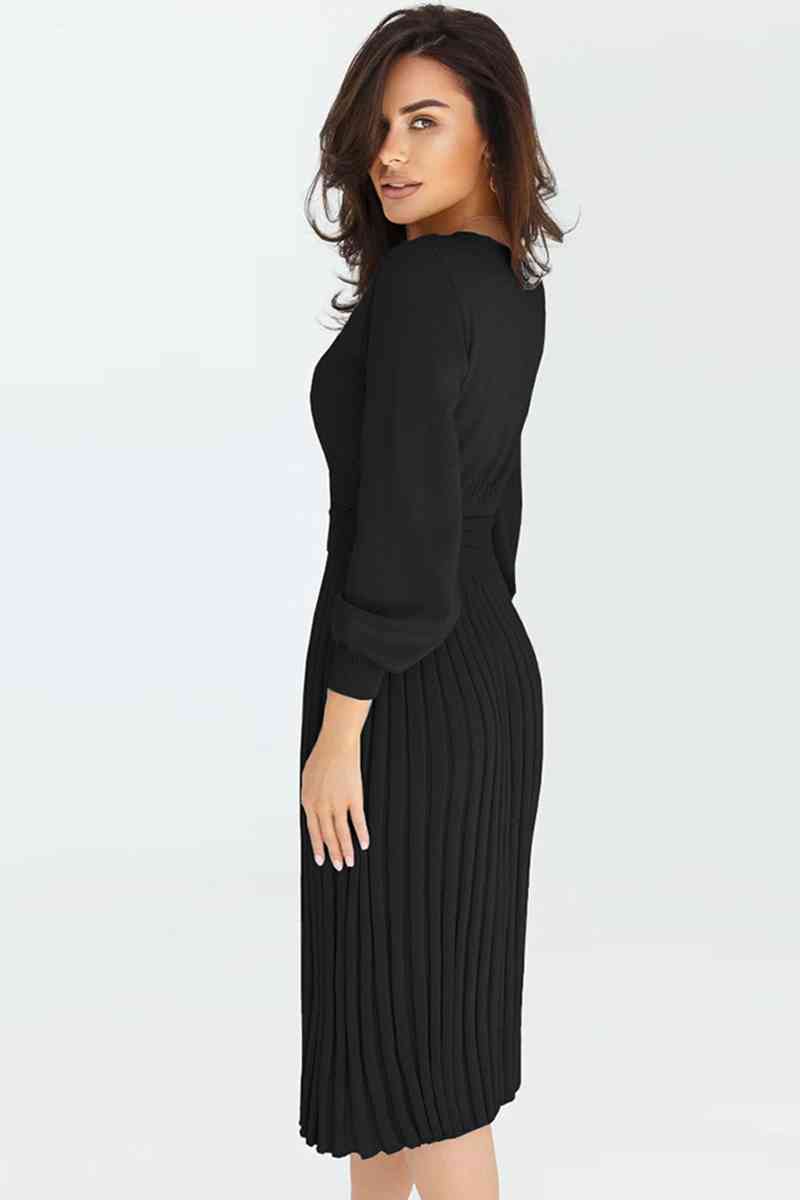 Round Neck Long Sleeve Pleated Sweater Dress - Ladyez