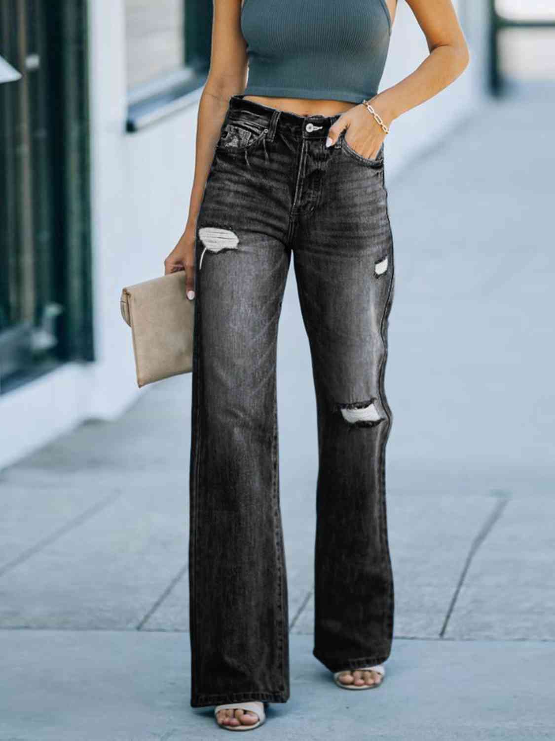 Distressed Straight Leg Jeans - Ladyez