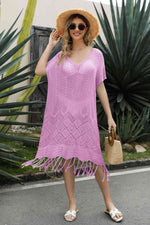 V-Neck Short Sleeve Fringe Hem Knit Dress - Ladyez