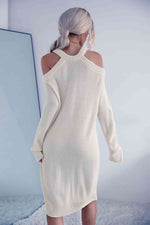 Cold Shoulder Rib-Knit Sweater Dress (Belt Not Included) - Ladyez