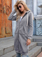 Zip-Up Longline Hoodie with Pockets - Ladyez