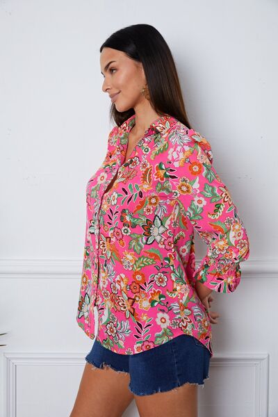 Floral Button Up Flounce Sleeve Shirt - Ladyez