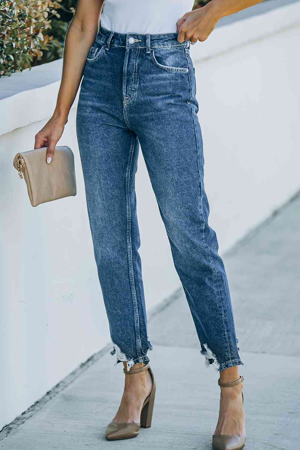 Ripped Ankle Straight Jeans with Pockets - Ladyez