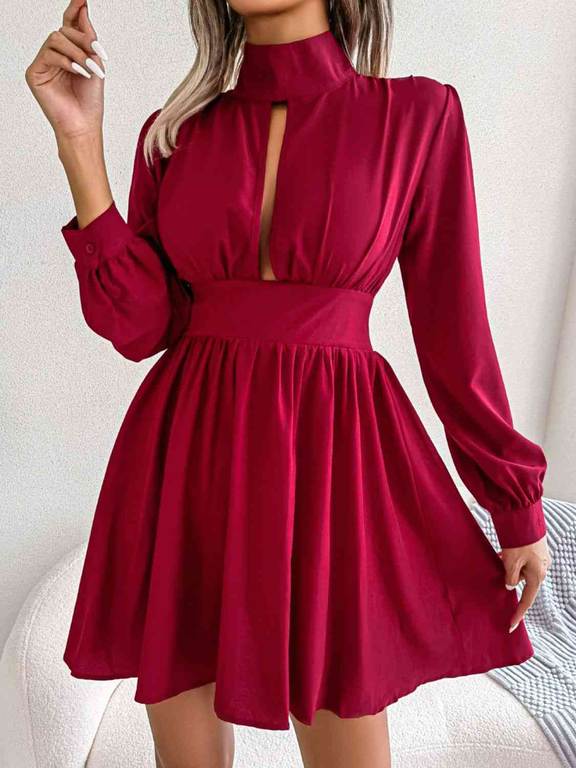 Cutout Turtleneck A-Line Mini Dress - Ladyez