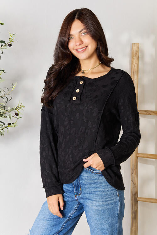 BOMBOM Textured Exposed Seam Buttoned Blouse - Ladyez